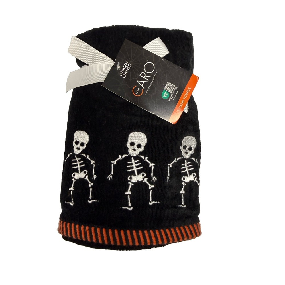 New CARO Home Halloween Skeleton Embroidered Hand Towel Set Black, 2 Towels
